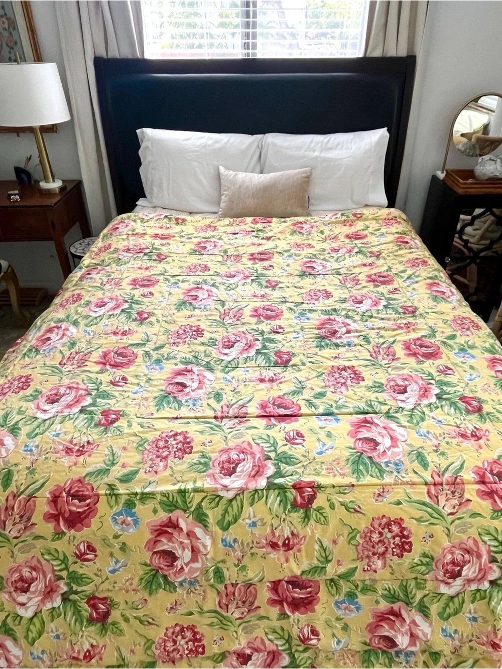 Vintage Laura Ashley queen Cabbage Roses Yellow gingham quilt